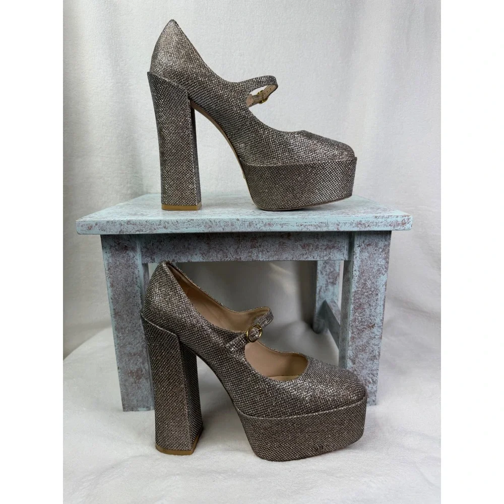 Stuart Weitzman Skyhigh Mary Jane Platform Pumps Metallic Silver Gold 9.5B SD284